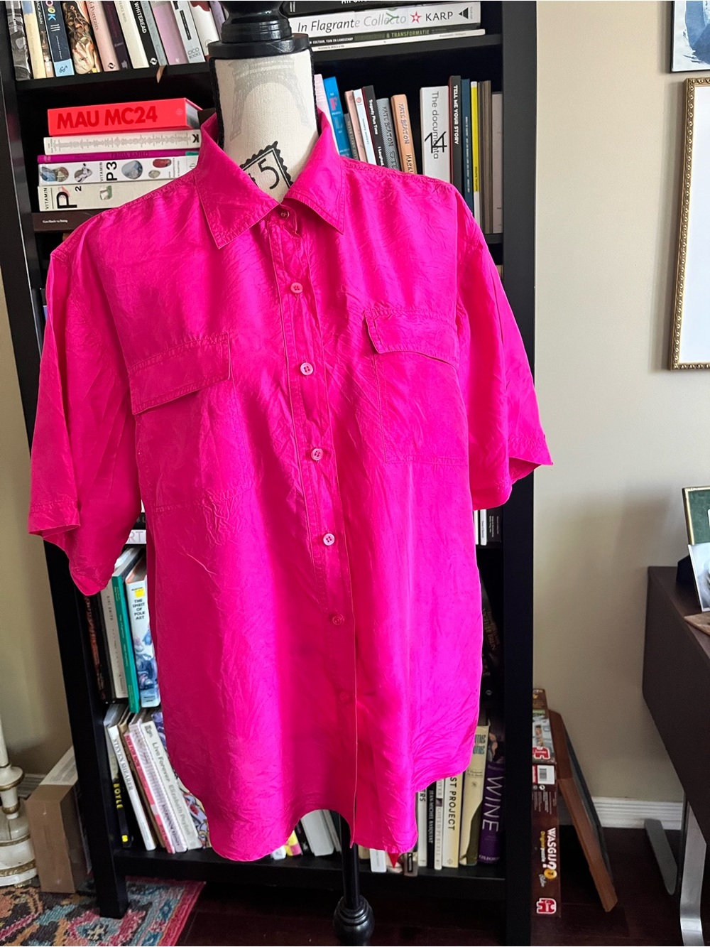 Vintage Silk Short-Sleeve Button-Up Shirt in Bright Fuchsia